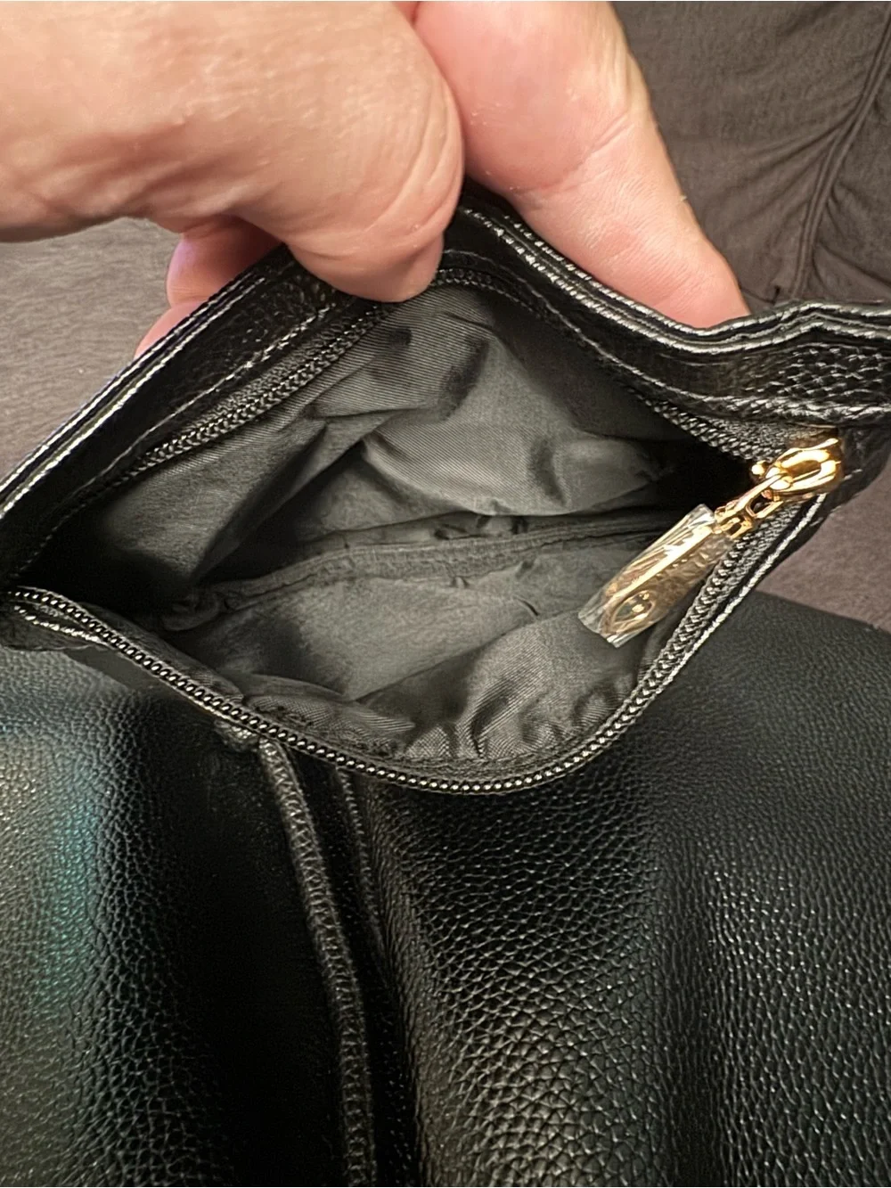 Bella Russo Black Pebbled Bucket Bag, Drawstring/Zip, Detachable Pouch, Gold